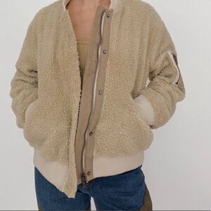 NWOT: Free People Teddy Aviator Beige Multi-Pocket Sherpa Bomber Jacket• Medium